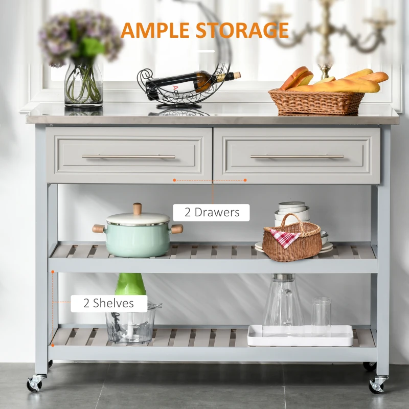 HOMCOM Kitchen Island with Stainless Steel Top, Traditional Kitchen Island with Storage, Butcher Block Cart 2-Tier Open Shelves, Drawers, Light Gray