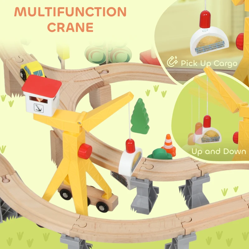 Qaba 133 Pcs Wooden Train Set with Track, Battery Towered Train, Crane, Bridge & Accessories, for Kids 3+ Years Old