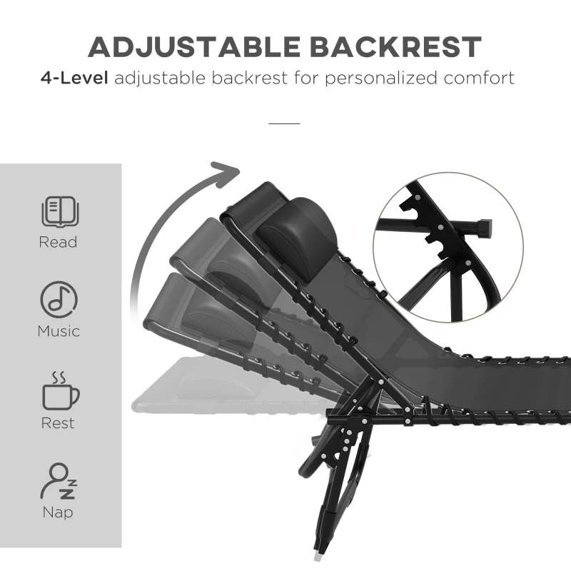 Outsunny 2pcs Folding Lounge Chair, Adjustable Chaise Lounge with Headrest, Reclining Lounger Cot for Camping, Black