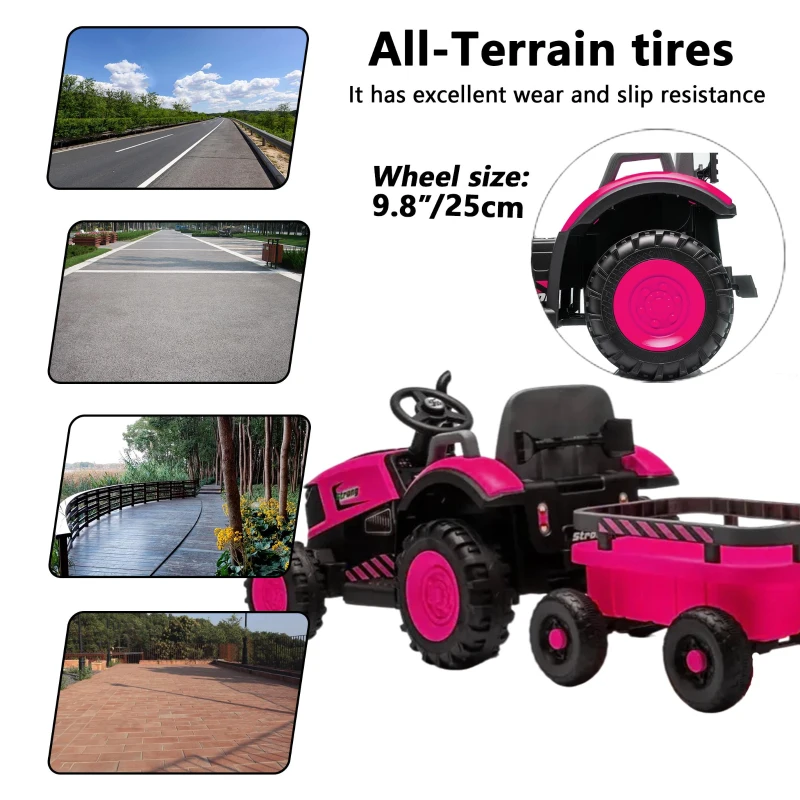 12V Kids Electric Ride-On Tractor with Bluetooth Music, 2-in-1 Tilting Trailer Bulldozer with Remote Control, 56.5" L x 19.5" W x 35" H, Magenta
