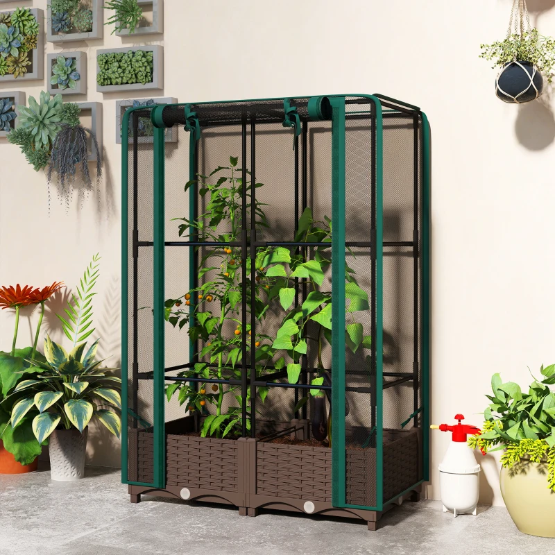 Outsunny Raised Garden Bed with Trellis, 46.5" Tomato Cage with Crop Cage, Self Watering Planter Box with Drainage Holes, Green