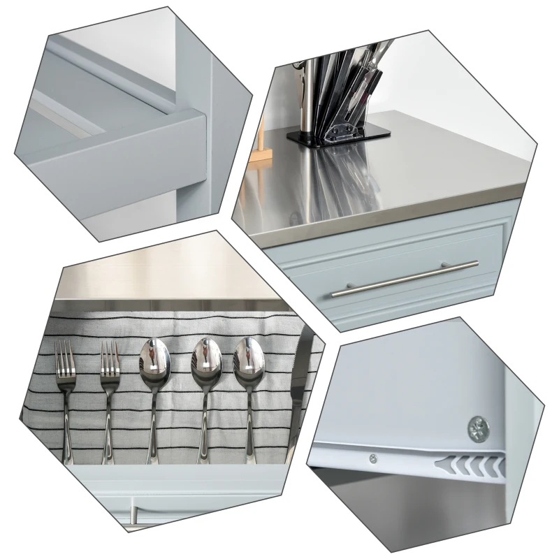 HOMCOM Kitchen Island with Stainless Steel Top, Traditional Kitchen Island with Storage, Butcher Block Cart 2-Tier Open Shelves, Drawers, Light Gray