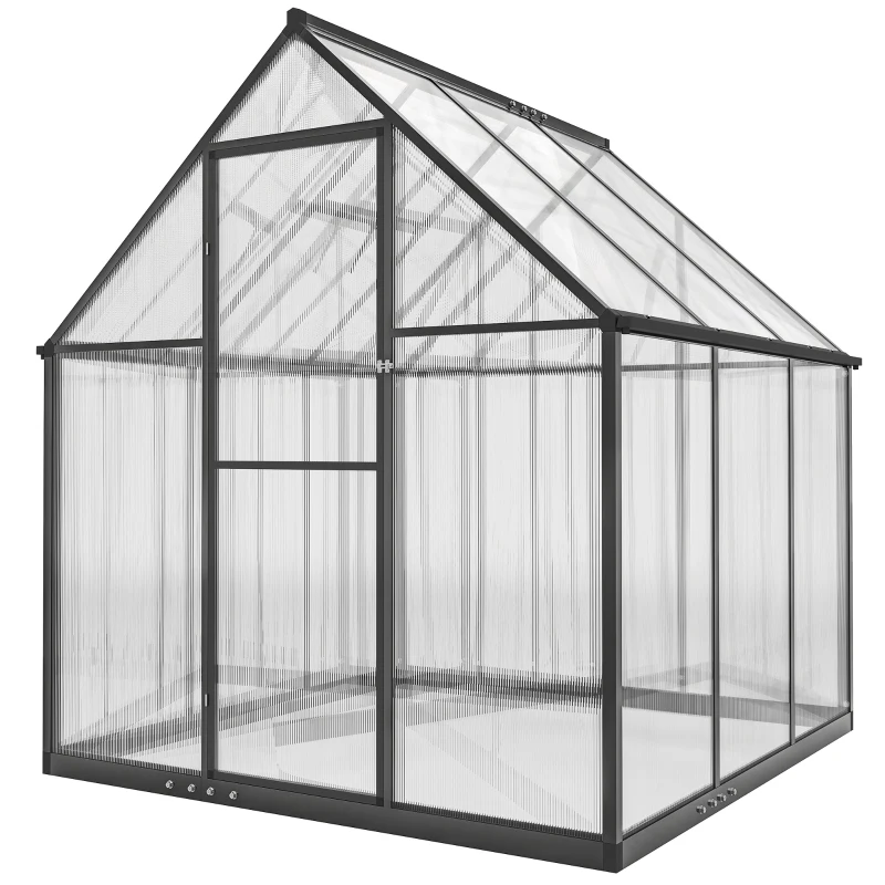 Outsunny Polycarbonate Greenhouse with Swing Door and Adjustable Window, Walk-in Greenhouse with Rain Gutter, 6 x 6.5ft, Black