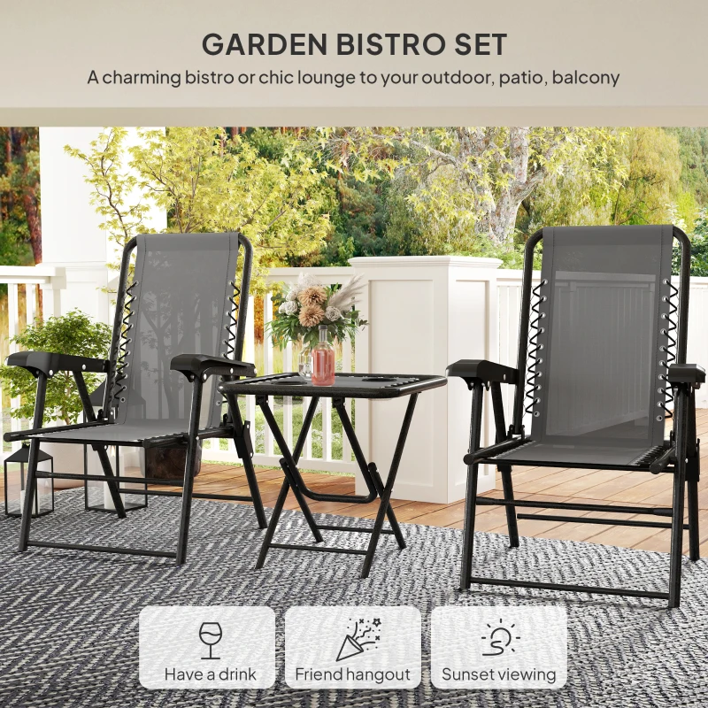 Outsunny 3 Pieces Patio Bistro Set, Outdoor Folding Table and Chairs Set, Metal Patio Furniture Set with Cup Holders