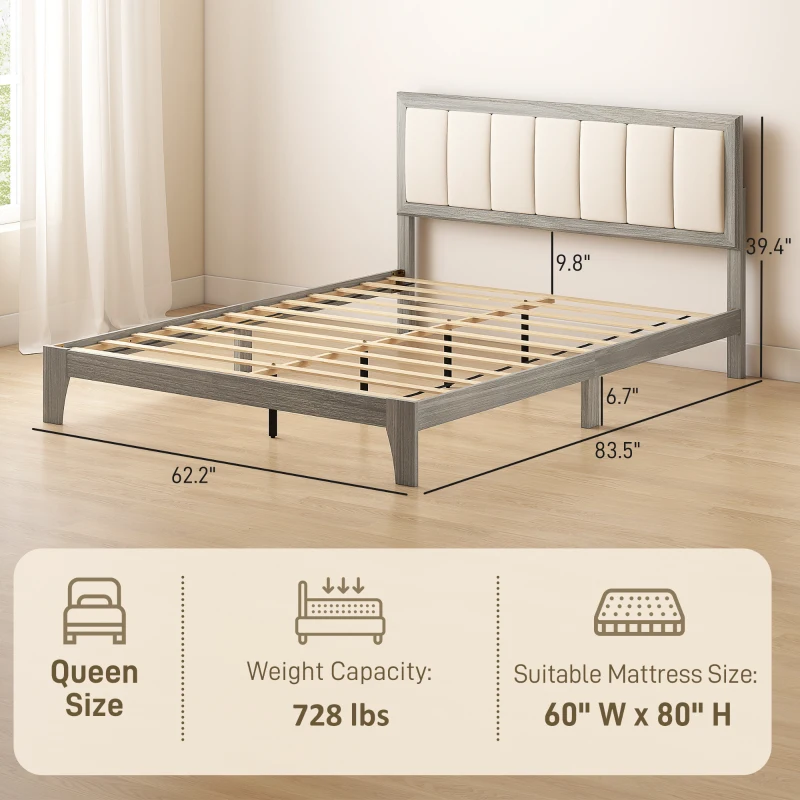 HOMCOM Queen Bed Frame with Headboard Queen Platform Bed Frame with Wooden Slats No Box Spring Needed Easy Assembly Gray