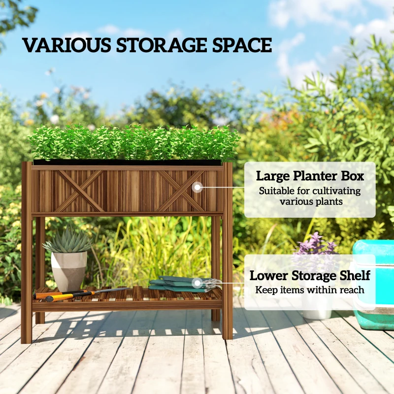 Outsunny Wooden Raised Garden Bed, Elevated Planter Box with Storage Shelf, Drainage Holes and Liner, 34"x18"x30", Carbonized