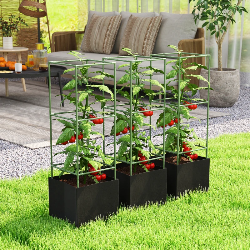 Outsunny 3 Packs Tomato Cages with 13.5 Gallon Grow Bags, Adjustable Square Plant Support Trellis