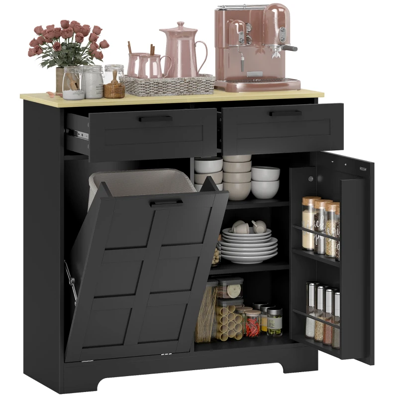 HOMCOM 7 Gallon Tilt Out Garbage Cabinet, Kitchen Island with Trash Cabinet, 2 Drawers, Door Racks, Adjustable Shelves, Black