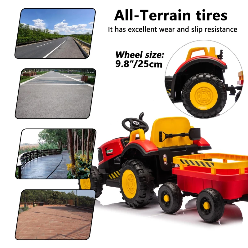12V Kids Electric Ride-On Tractor with Bluetooth Music, 2-in-1 Tilting Trailer Bulldozer with Remote Control, 56.5" L x 19.5" W x 35" H, Red