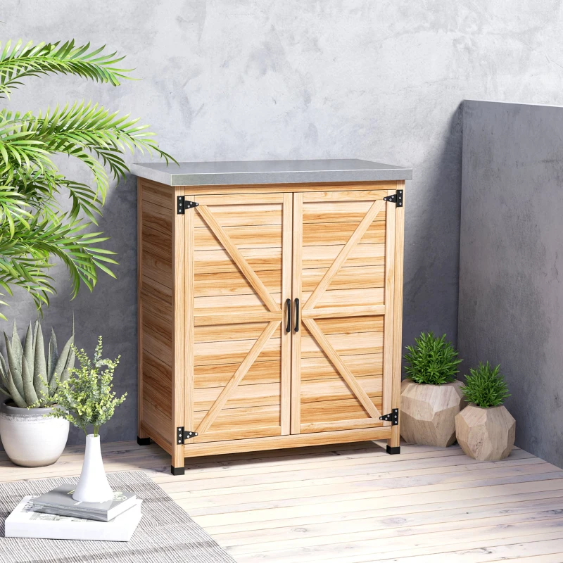Outsunny Garden Storage Cabinet, Outdoor Potting Bench Table with Metal Tabletop, Shelf and Double Doors, Natural