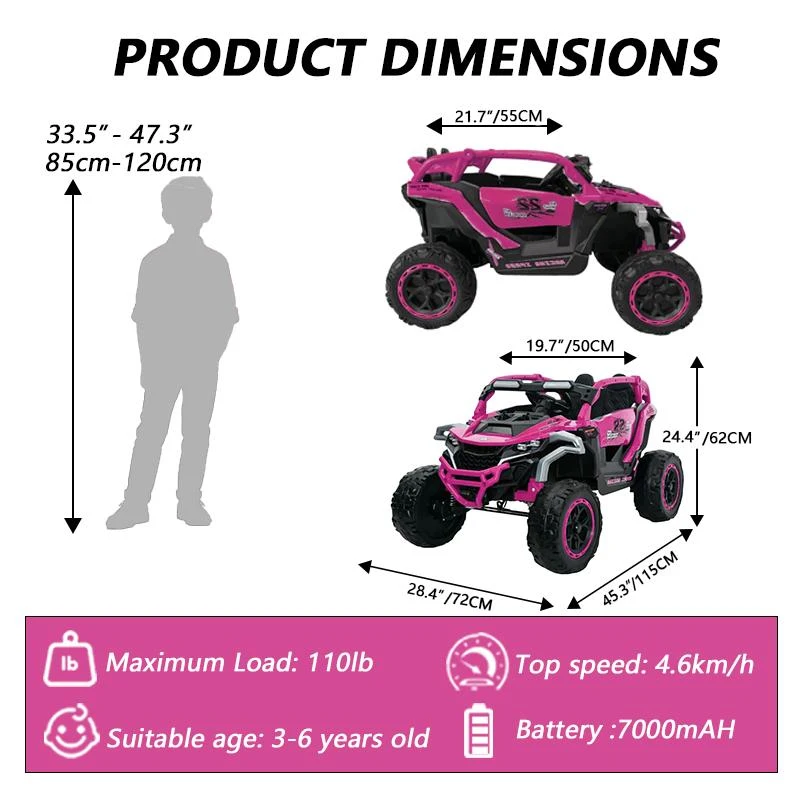 12V 2-Seater Kids Electric UTV Ride-On with Remote Control, Electric Go-Kart with Music & Flashlights, 45.5" L x 28.5" W x 24.5" H, Magenta