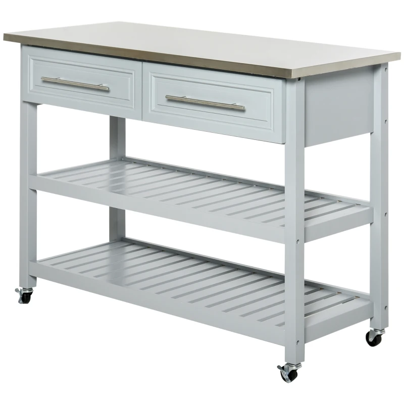 HOMCOM Kitchen Island with Stainless Steel Top, Traditional Kitchen Island with Storage, Butcher Block Cart 2-Tier Open Shelves, Drawers, Light Gray