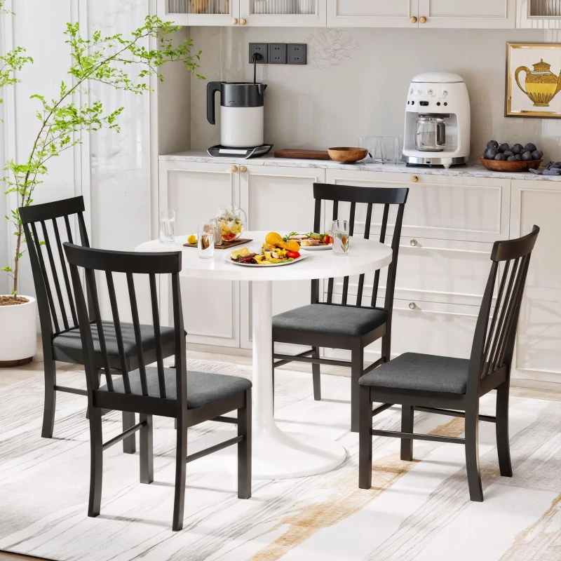 HOMCOM Wooden Dining Chairs Set of 4, Farmhouse Upholstered Kitchen Chairs with Rubber Wood Frame, Black and Gray