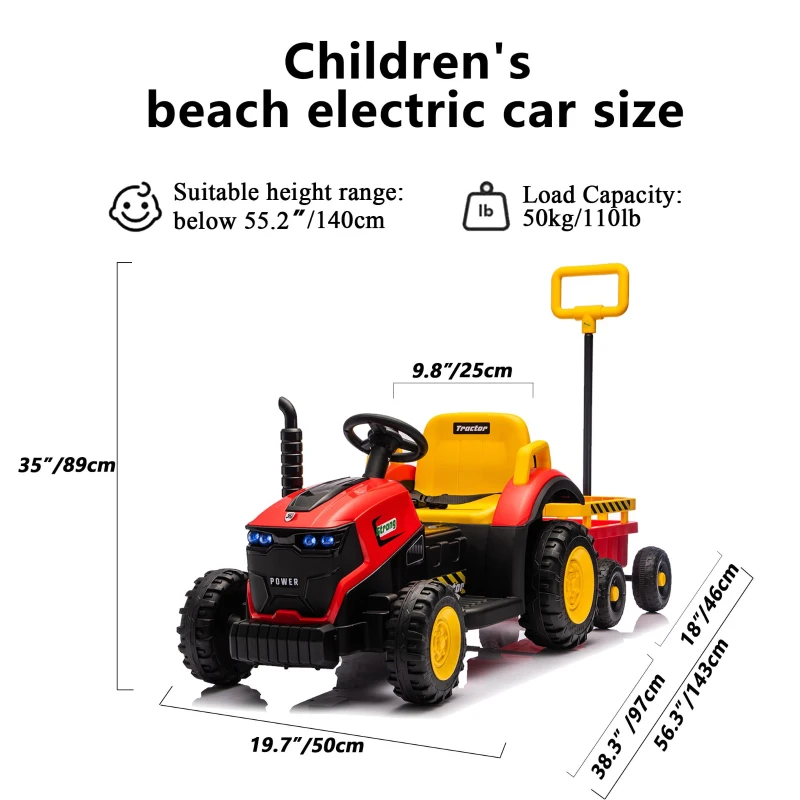 12V Kids Electric Ride-On Tractor with Bluetooth Music, 2-in-1 Tilting Trailer Bulldozer with Remote Control, 56.5" L x 19.5" W x 35" H, Red