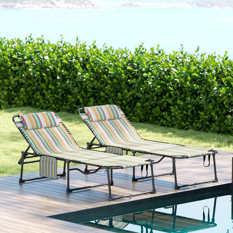Outsunny 2 Piece Folding Chaise Lounge Pool Chairs with 5-level Reclining Back, Reading Hole, Side Pocket, Rainbow Striped