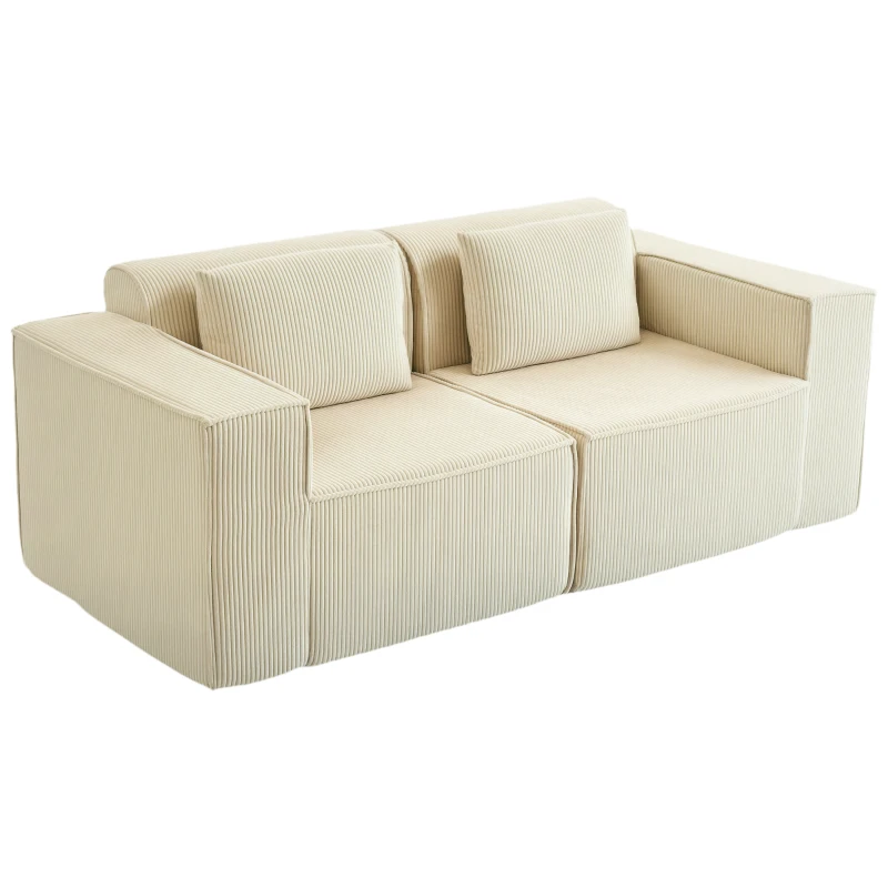 HOMCOM Boneless Couch, Corduroy 3 Seater Sofa with Deep Seat, Wide Armrests, 2 Pillows, Quick Assembly for Living Room, Beige