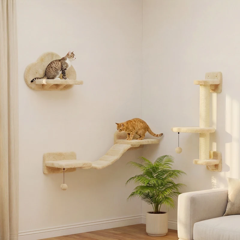 PawHut 3 PCs Cat Wall Climber with Scratching Post, Ladder, Perches, Cloud-Shaped Cat Shelves, Beige