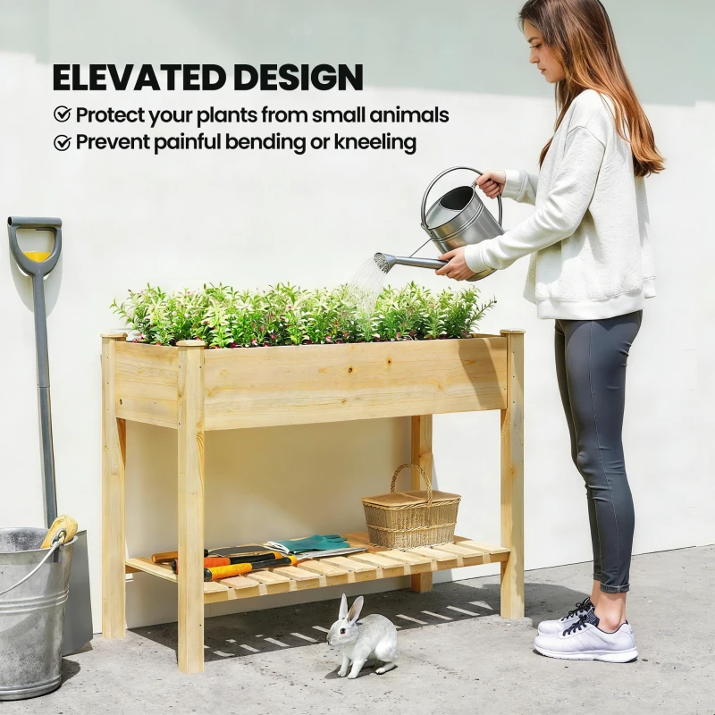 Outsunny Elevated Planter Box with Legs and Storage Shelf, Raised Garden Bed, Elevated Wooden Planter Box, Natural
