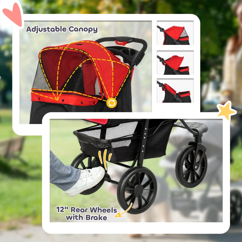 PawHut 3 Wheel Folding Dog Stroller, Travel Carrier with Adjustable Canopy, Storage Brake, Mesh Window for S&M Dogs, Red