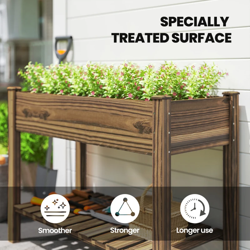 Outsunny Elevated Planter Box w/ Legs and Storage Shelf, Raised Garden Bed, Elevated Wooden Planter Box, Carbonized