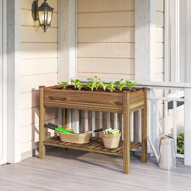 Outsunny Elevated Planter Box w/ Legs and Storage Shelf, Raised Garden Bed, Elevated Wooden Planter Box, Carbonized