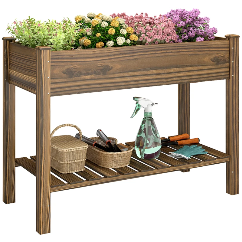 Outsunny Elevated Planter Box w/ Legs and Storage Shelf, Raised Garden Bed, Elevated Wooden Planter Box, Carbonized