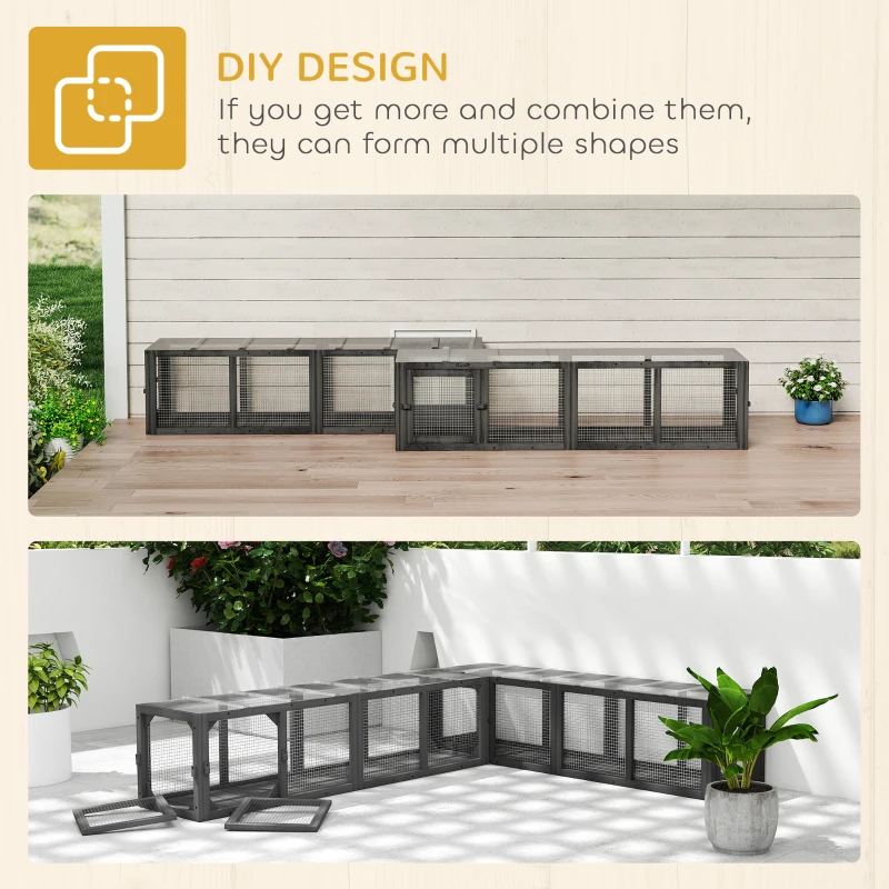 PawHut Outdoor Cat Tunnel, Wooden Play Cat Enclosure, Extendable Pet Run with 3 Doors, for Indoor and Outdoor Use, Grey