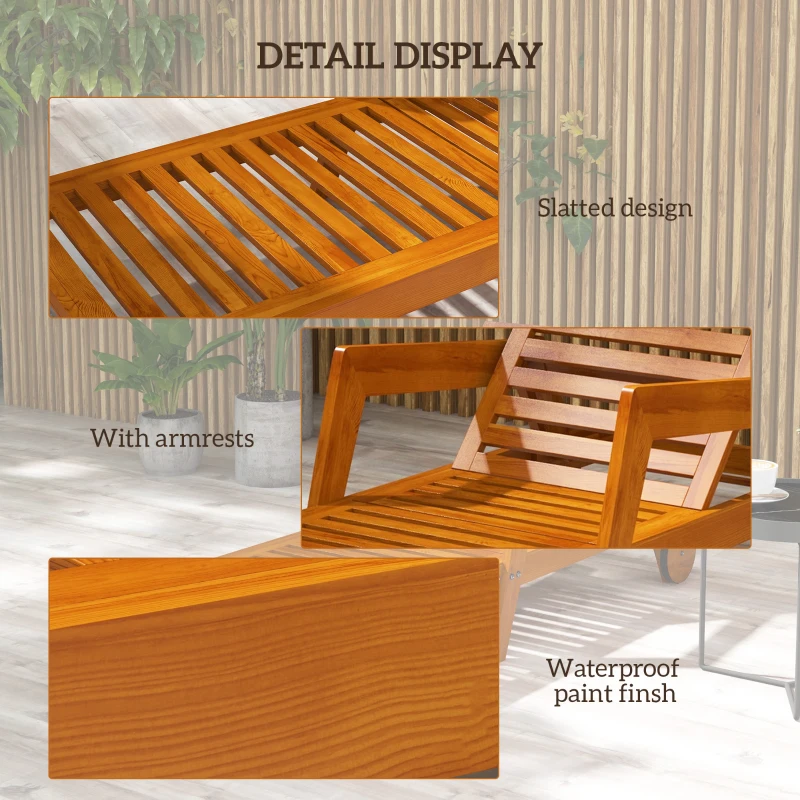 Outsunny Wood Lounge Chair Outdoor Tanning Chair with Wheels, 3-Position Adjustable Backrest and Armrests, Orange