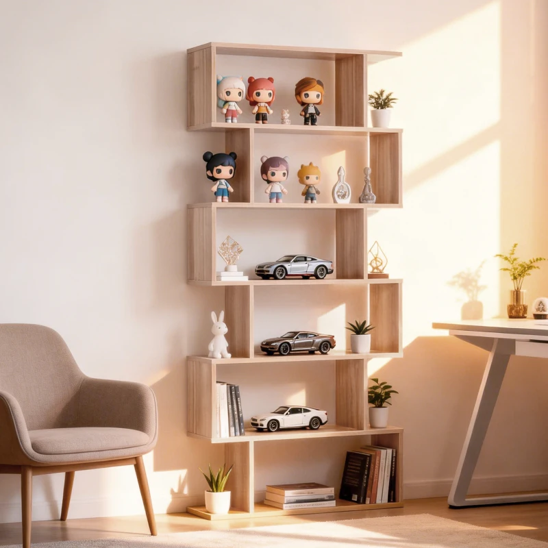 HOMCOM 76" 6-Tier Geometric Wooden Bookcase S Shaped Storage Display Bookshelf Modern shelf Open Concept Living Room Home Office Furniture, Maple