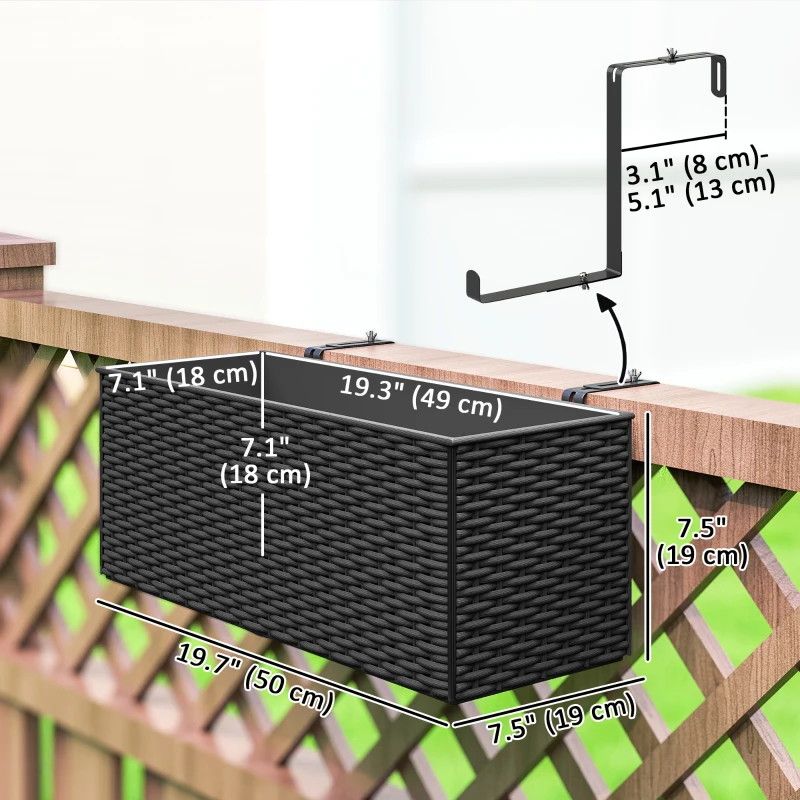 Outsunny 2 Pack 20 Inch Hanging Flower Pots, Railing Planter Box for Fence, Garden, Rattan Look, Black