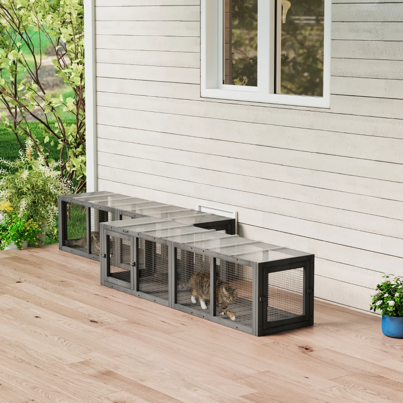 PawHut Outdoor Cat Tunnel, Wooden Play Cat Enclosure, Extendable Pet Run with 3 Doors, for Indoor and Outdoor Use, Grey