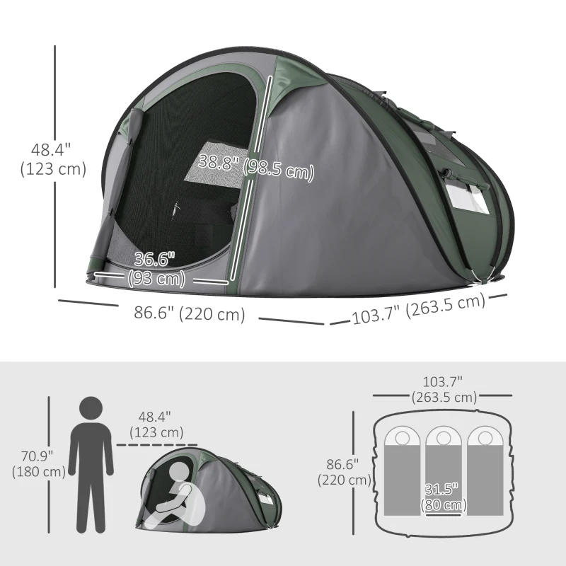 Outsunny 4 Person Camping Tent, Easy Pop Up Tent with Doors, Windows and Carry Bag, Automatic Setup Tent for Hiking, Dark Green