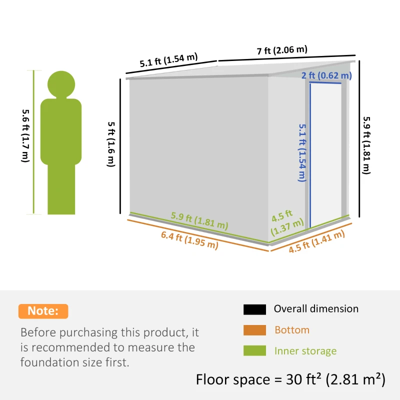 Outsunny 5'x7' Lean to Galvanized Metal Shed with Foundation, Garden Tool Storage House with Sliding Door and 2 Vents, Green