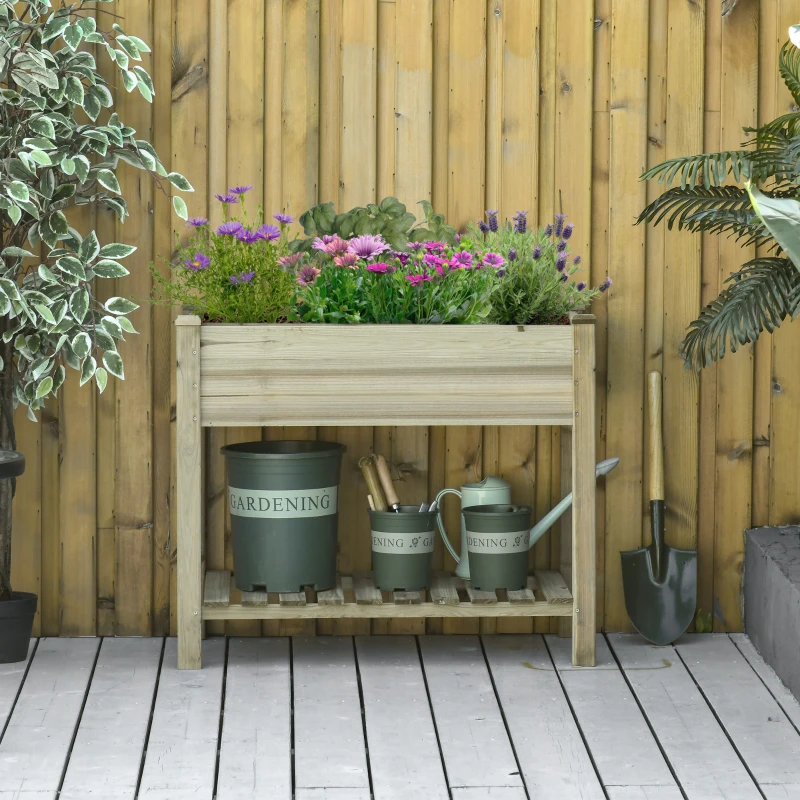 Outsunny Elevated Planter Box with Legs and Storage Shelf, Raised Garden Bed, Elevated Wooden Planter Box, Green