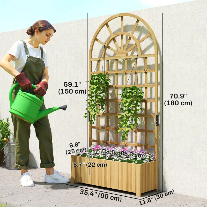 Outsunny Wooden Raised Garden Bed with Lattice Trellis, Outdoor Elevated Planter Box with Drainage Holes for Climbing Plants