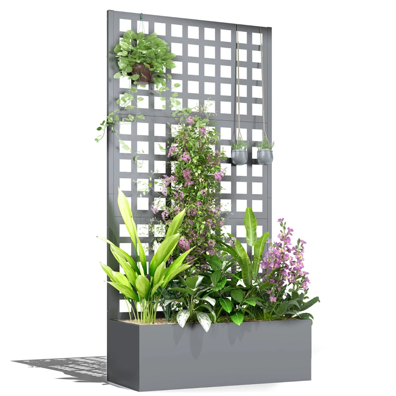 Outsunny Galvanized Raised Garden Bed Planter Box with Trellis for Climbing Plant, Vegetable, Vine, 35"x16"x70" Grey Wood Effect