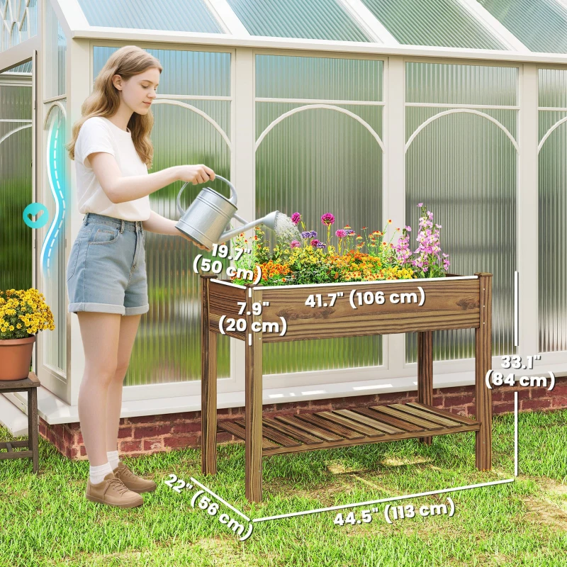 Outsunny Elevated Planter Box w/ Legs and Storage Shelf, Raised Garden Bed, Elevated Wooden Planter Box, Carbonized