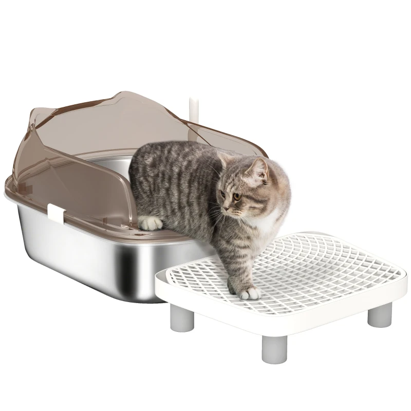 PawHut Stainless Steel Cat Litter Box with High Sided Enclosure, Step, Scoop, Non-Sticky & Anti-Urine Leakage, Easy Cleaning