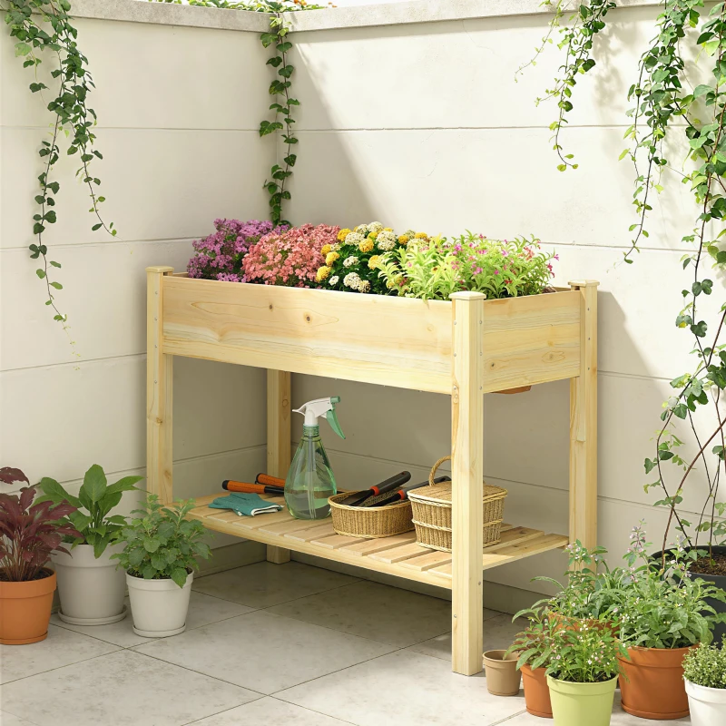 Outsunny Elevated Planter Box with Legs and Storage Shelf, Raised Garden Bed, Elevated Wooden Planter Box, Natural