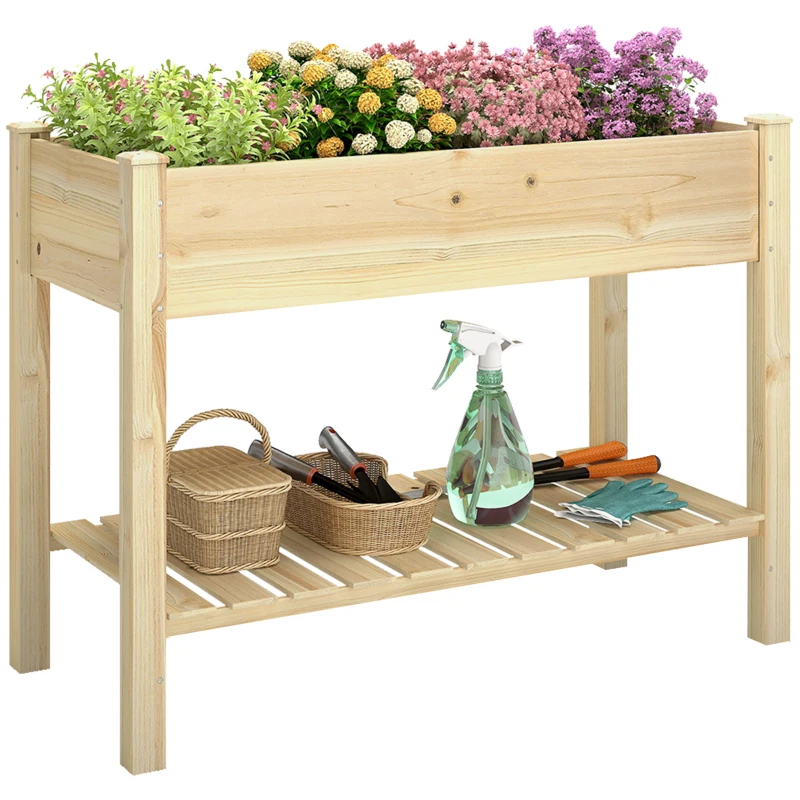 Outsunny Elevated Planter Box with Legs and Storage Shelf, Raised Garden Bed, Elevated Wooden Planter Box, Natural