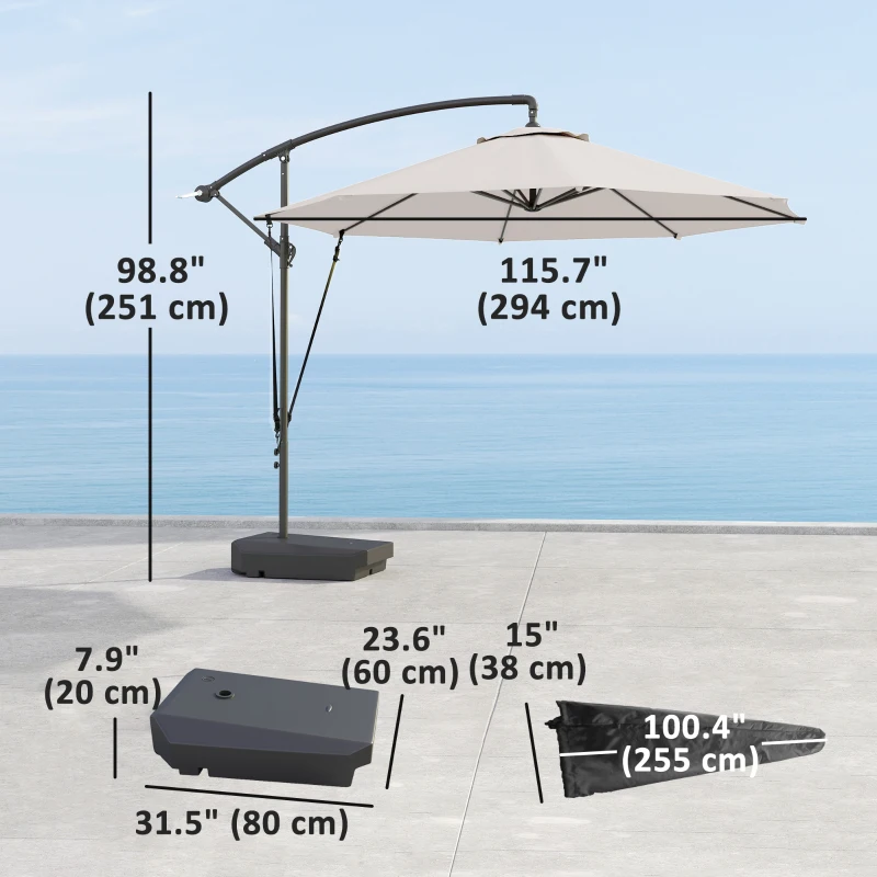 Outsunny 10FT Cantilever Umbrella with Fillable Base, Wind Strap and Cover, Offset Hanging Umbrella with Crank, Cream White