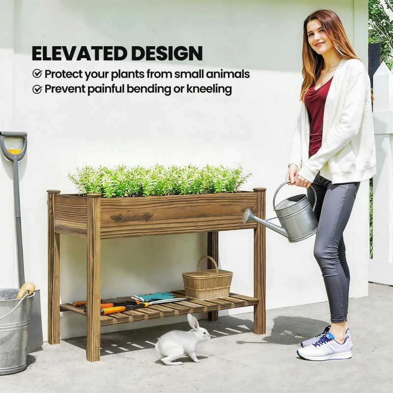 Outsunny Elevated Planter Box w/ Legs and Storage Shelf, Raised Garden Bed, Elevated Wooden Planter Box, Carbonized