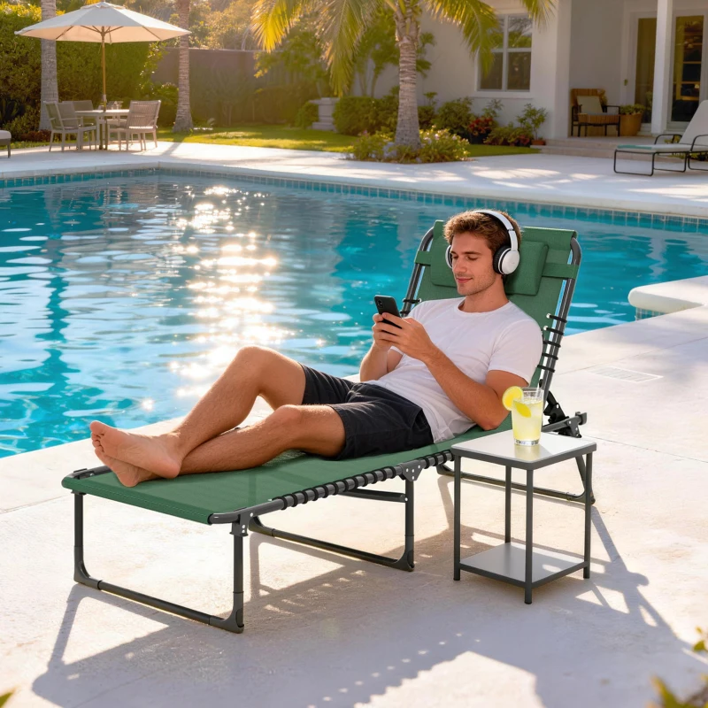 Outsunny Folding Lounge Chair, Adjustable Chaise Lounge with Headrest, Reclining Lounger Cot for Camping, Hiking, Green