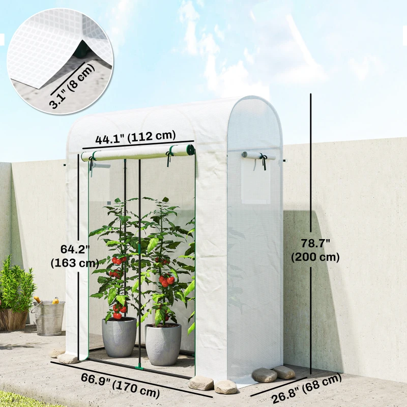 Outsunny Mini Greenhouse, Portable Garden Green House with Roll-up Door and Mesh Windows, 6' x 2' x 6.6', White