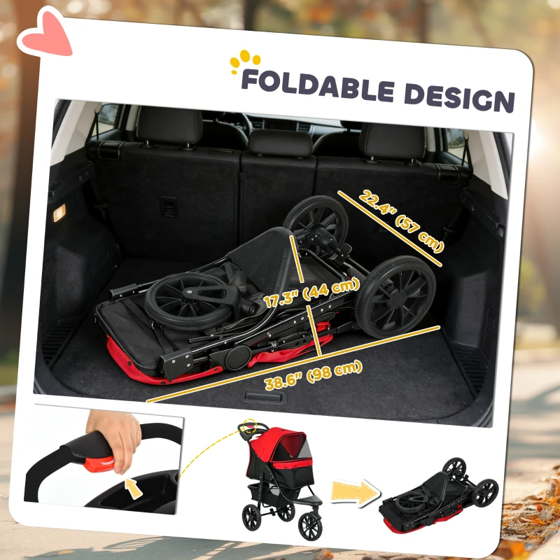 PawHut 3 Wheel Folding Dog Stroller, Travel Carrier with Adjustable Canopy, Storage Brake, Mesh Window for S&M Dogs, Red