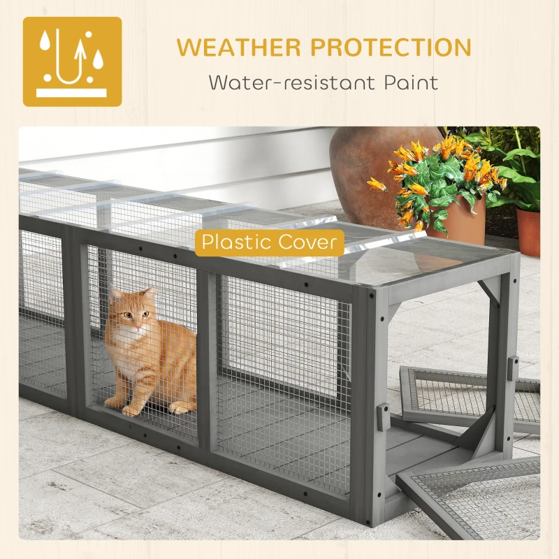 PawHut Outdoor Cat Tunnel, Wooden Play Cat Enclosure, Extendable Pet Run with 3 Doors, for Indoor and Outdoor Use, Grey