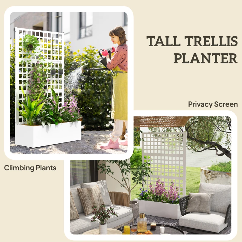 Outsunny Galvanized Raised Garden Bed Planter Box with Trellis for Climbing Plants, Vegetable, Vines, 43" x 16" x 70", White