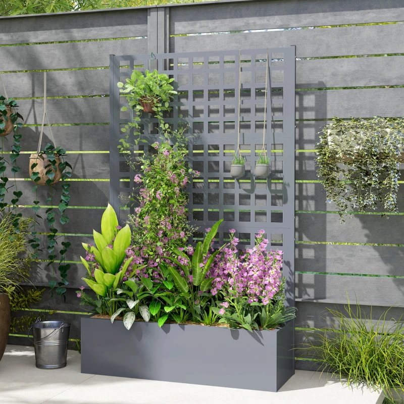 Outsunny Galvanized Raised Garden Bed Planter Box with Trellis for Climbing Plant Vegetable Vine, 43"x16"x70", Grey Wood Effect