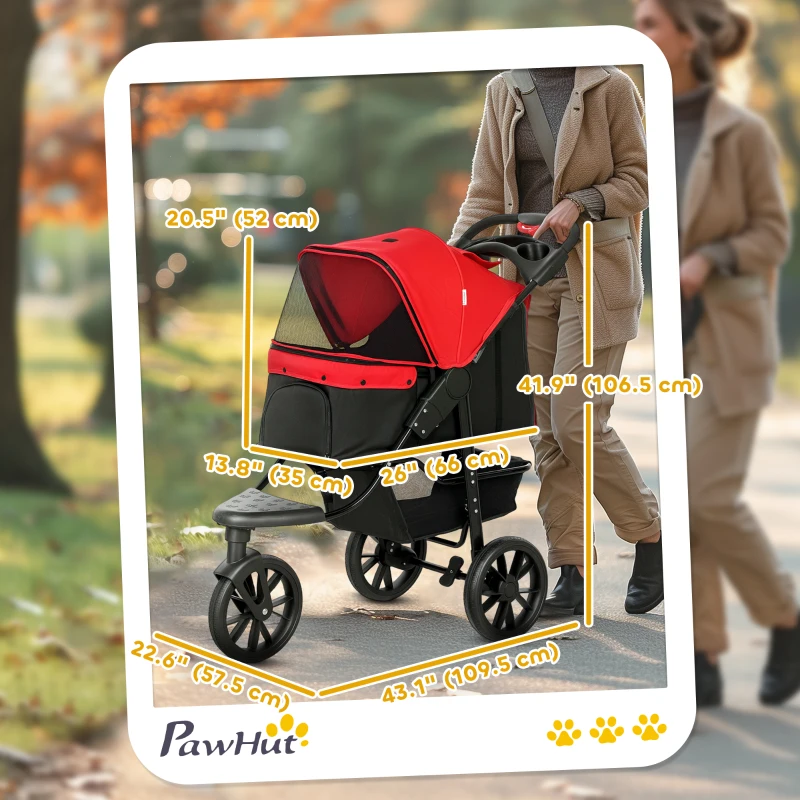 PawHut 3 Wheel Folding Dog Stroller, Travel Carrier with Adjustable Canopy, Storage Brake, Mesh Window for S&M Dogs, Red