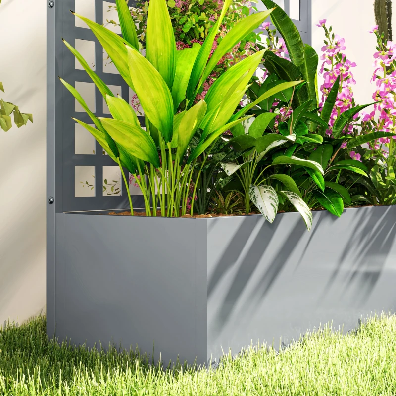 Outsunny Galvanized Raised Garden Bed Planter Box with Trellis for Climbing Plant Vegetable Vine, 43"x16"x70", Grey Wood Effect